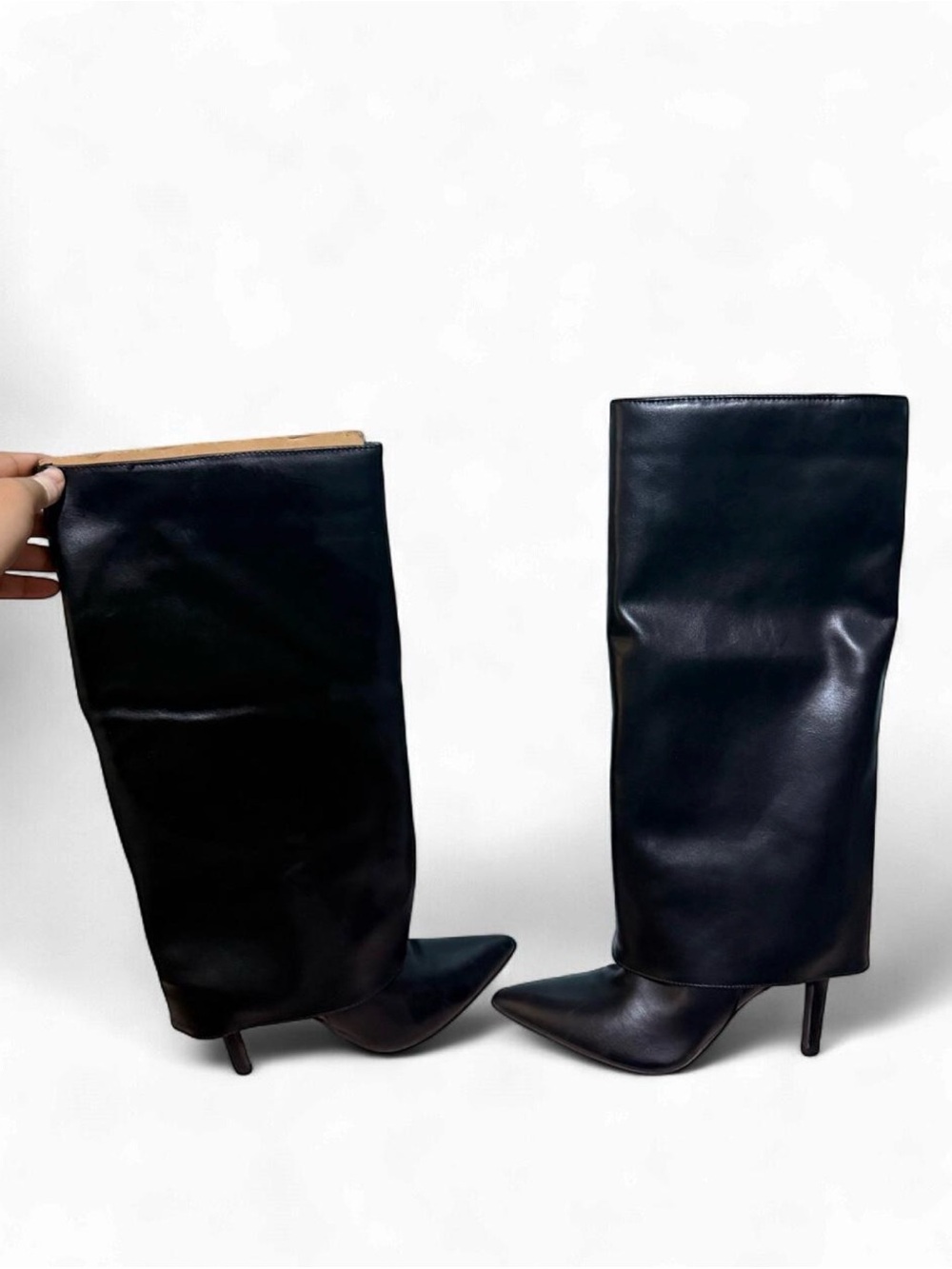 Black leather heeled boots